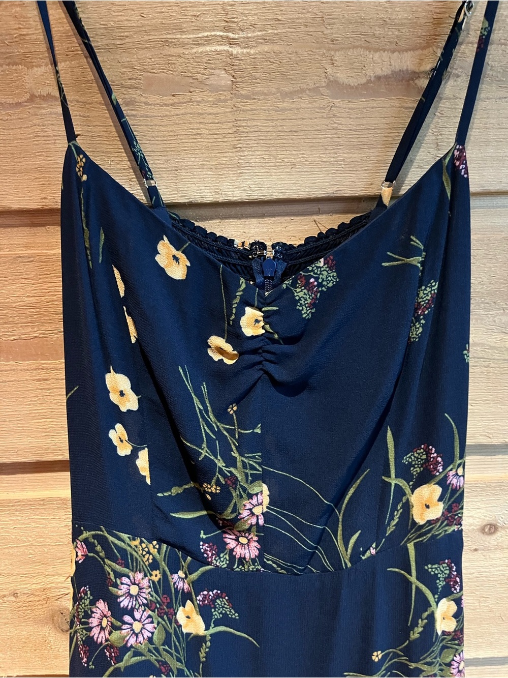 REFORMATION - Navy with Yellow and Pink Floral Print Midi Dress with Ruffled Hem